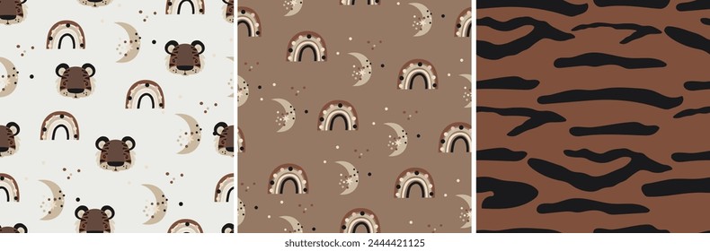 Set of three children` s patterns. Lions, rainbow, moon on a White background.