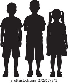 Set of three children silhouettes standing in front view, two boys and one young girl with pigtails in dress, group of kids isolated on white background for education and family design..eps