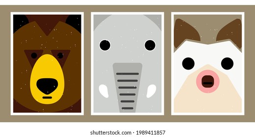 A set of three children's illustrations. Cute posters with wild animals. Minimalist backgrounds for interiors, bedrooms, nurseries. Cheerful bear, elephant and hedgehog from different geometric shapes svg