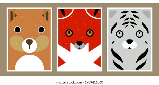 A set of three children's illustrations. Cute posters with wild animals. Minimalist backgrounds for interiors, bedrooms, nurseries. Cheerful squirrel, fox and tiger from different geometric shapes.