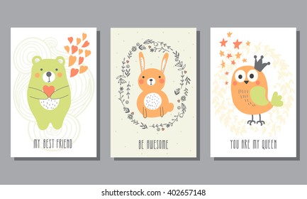  Set of three children's postcards. Cute birthday design. can be used for birthday party invitations and greeting cards