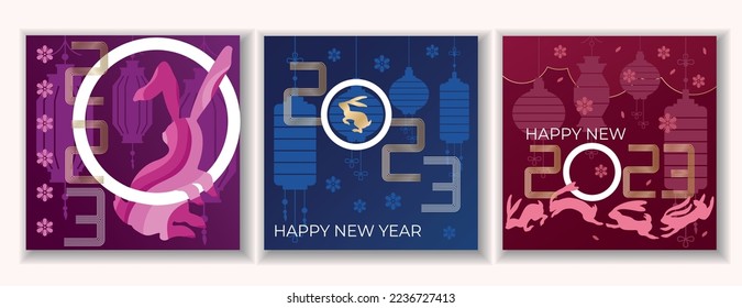 Set of three Chinese new year postcards in geometric style with hare or rabbit symbol of the year, greeting cards, posters, banners.
