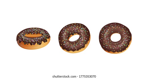 Juego de tres donuts de chocolate, rosquilla con glaseado de rociado sobre .Vector ilustración sobre fondo blanco