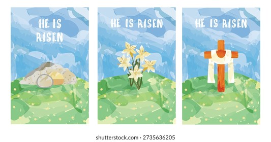 Set of three Christian Easter illustrations featuring the empty tomb, white lilies, and the radiant cross with white shroud