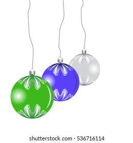 Set of three Christmas balls (blue, green, silver) with a pattern on a string. New Year's decorations. Realistic vector illustration, isolated on white background.