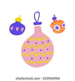 Set of three christmas balls decorations for evergreen tree with colorful ornaments. 
