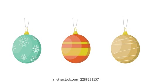 A set of three Christmas balls. Vector illustration of Christmas isolated toys on a white background. The balls are in red, blue and brown. For the design of postcards, websites, advertising companies