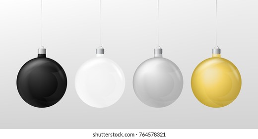 Set of three christmas balls: white, black, gold and silver on a white background. Vector, eps10