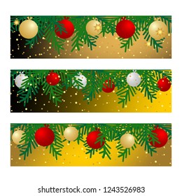 Set of three Christmas banners with balls and fir branches. Vector graphic illustration.