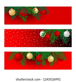 Set of three Christmas banners with balls and fir branches. Vector graphic illustration.