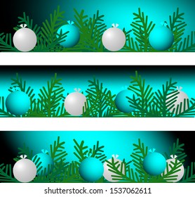 Set of three Christmas banners with balls and fir branches. Vector graphic illustration.