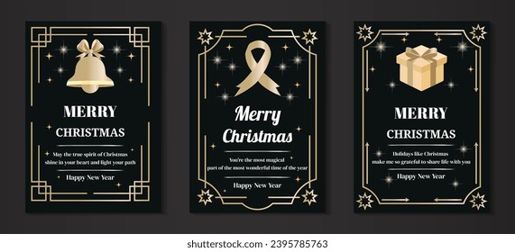 Set of three Christmas banners and New Year greeting cards. bell, ribbon, giftbox, Vector illustration concepts for graphic and web design, social media banner, marketing material.