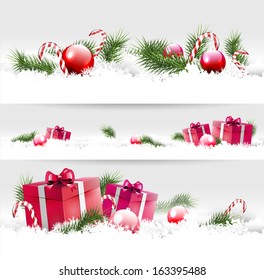 Set of three Christmas borders with gifts, balls and branches 