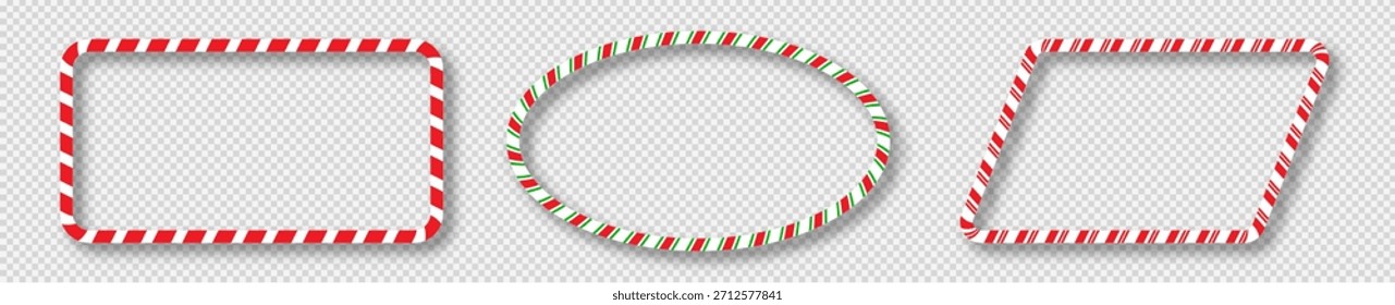 Conjunto de tres Navidades de cañas de caramelo en forma de paralelogramo con rayas rojas, verdes y blancas. Perfecto para tarjetas de vacaciones, Anuncios o Plantillas festivas. Ilustración vectorial