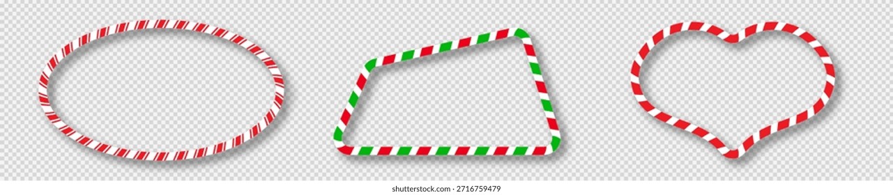 Set of three Christmas candy canes paralellogram shape frames with red, green and white stripes. Perfect for holiday cards, banners, or festive templates. Vector illustration