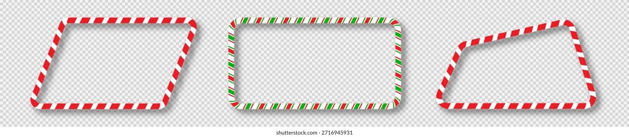 Set of three Christmas candy canes paralellogram shape frames with red, green and white stripes. Perfect for holiday cards, banners, or festive templates. Vector illustration