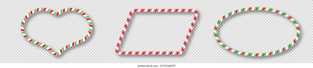 Set of three Christmas candy canes paralellogram shape frames with red, green and white stripes. Perfect for holiday cards, banners, or festive templates. Vector illustration