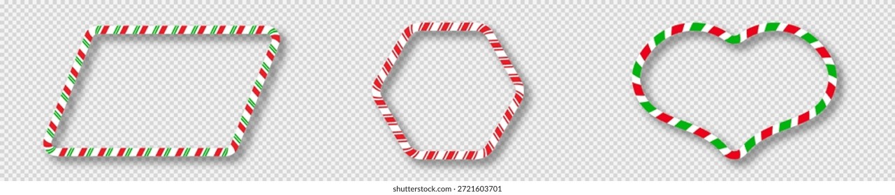 Conjunto de tres Navidades de cañas de caramelo en forma de paralelogramo con rayas rojas, verdes y blancas. Perfecto para tarjetas de vacaciones, Anuncios o Plantillas festivas. Ilustración vectorial