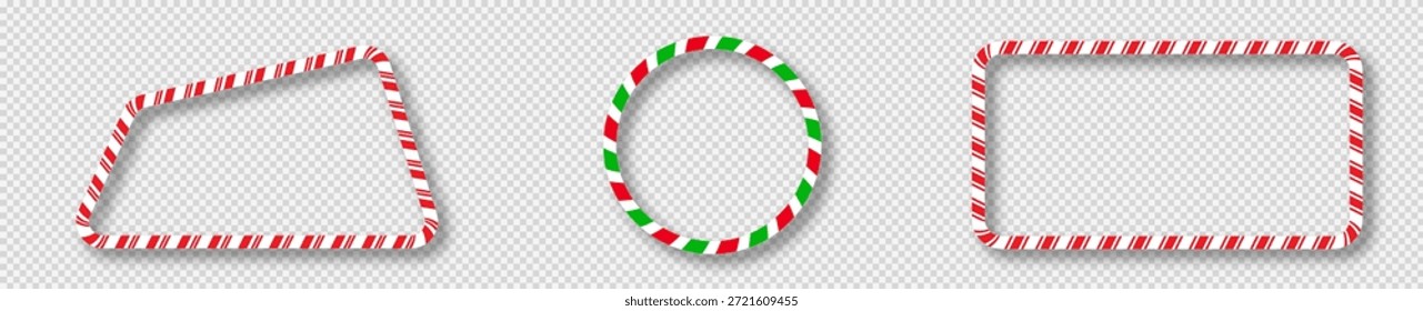 Conjunto de tres Navidades de cañas de caramelo en forma de paralelogramo con rayas rojas, verdes y blancas. Perfecto para tarjetas de vacaciones, Anuncios o Plantillas festivas. Ilustración vectorial