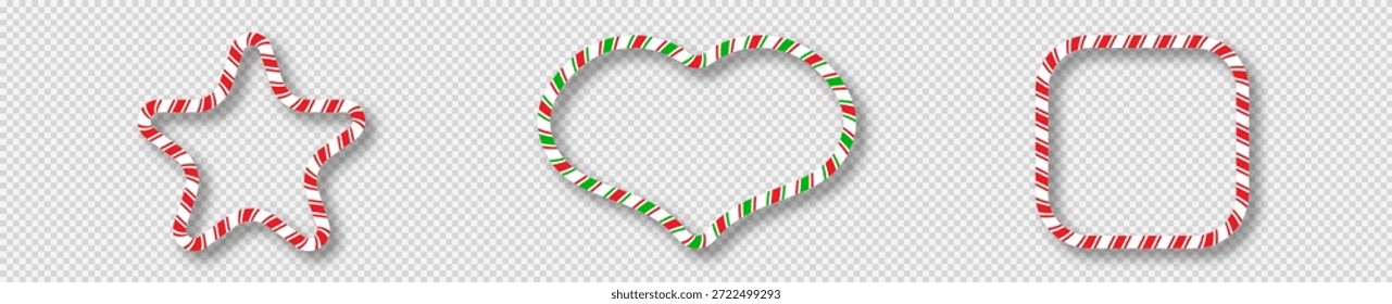 Conjunto de tres Navidades de cañas de caramelo en forma de paralelogramo con rayas rojas, verdes y blancas. Perfecto para tarjetas de vacaciones, Anuncios o Plantillas festivas. Ilustración vectorial