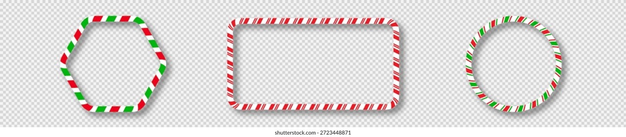 Conjunto de tres Navidades de cañas de caramelo en forma de paralelogramo con rayas rojas, verdes y blancas. Perfecto para tarjetas de vacaciones, Anuncios o Plantillas festivas. Ilustración vectorial