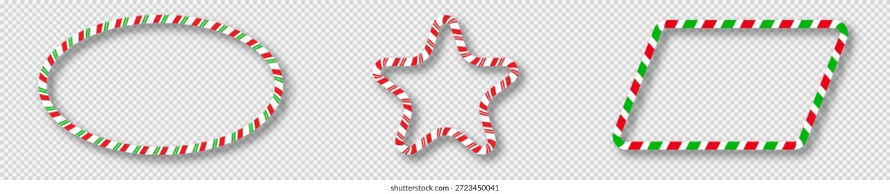 Conjunto de tres Navidades de cañas de caramelo en forma de paralelogramo con rayas rojas, verdes y blancas. Perfecto para tarjetas de vacaciones, Anuncios o Plantillas festivas. Ilustración vectorial