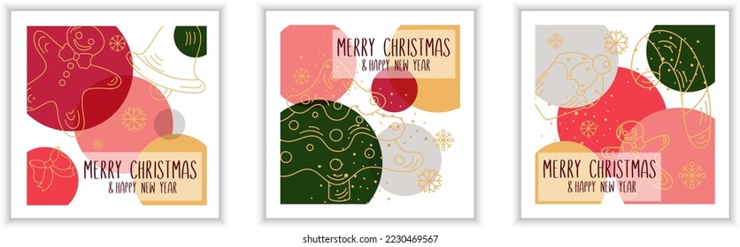 Conjunto de tres plantillas cuadradas de tarjetas de Navidad con diseño de garabatos y círculos sobre fondo blanco 