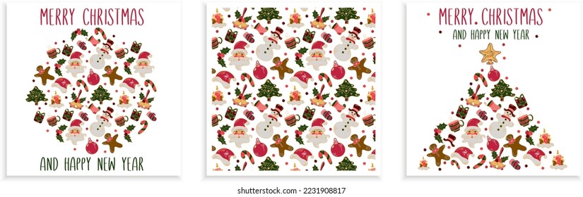 Set of three Christmas card square templates with pattern design on white background and copy space