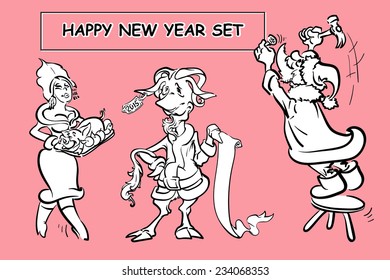 Set of three Christmas characters in simple sketch style. EPS8 vector illustration.