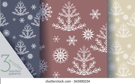 Set of three Christmas fair trees and snowflakes patterns. Vector backgrounds.