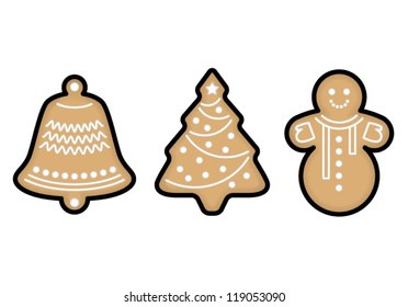 A set of three christmas gingerbread shapes with stylish white royal icing.
