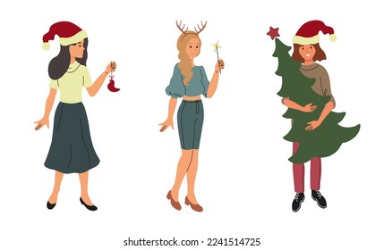 Set of three Christmas girls. Traditional winter holiday celebration. Isolated vector Christmas character