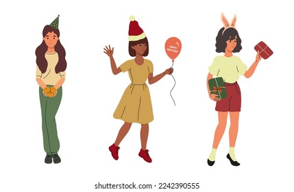 Set of three Christmas girls. Traditional winter holiday celebration. Isolated vector Christmas character