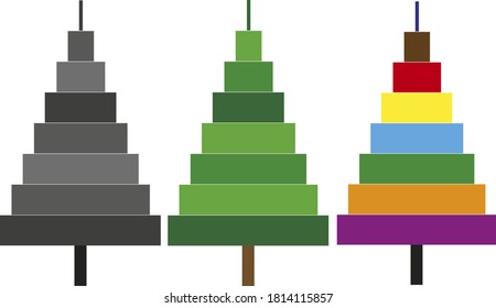 Set of three Christmas graphic trees Green, gray and multicolored.