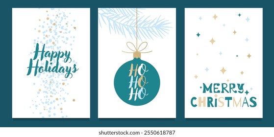 Set of three Christmas greeting cards with festive designs. Flat illustrations with confetti, ornament with fir branch and Merry Christmas text with stars. 