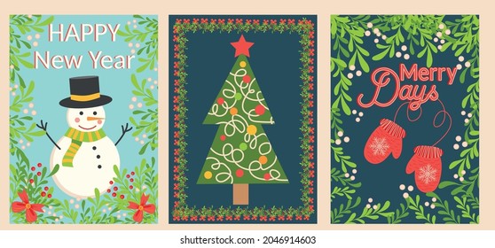 SET of three Christmas and Happy New Year templates. Trendy retro design template.