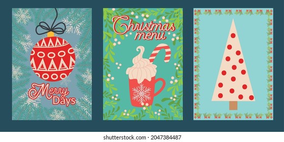 SET of three Christmas and Happy New Year templates. Trendy retro design template.