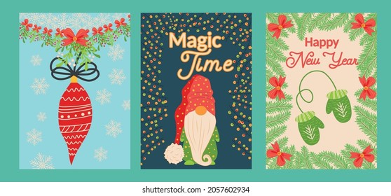 SET of three Christmas and Happy New Year templates. Trendy retro design template.