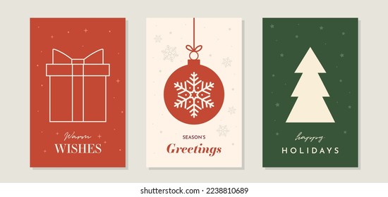 Set Of Three Christmas Illustrations. Great as Business Greeting Cards Or Social Media Post Templates. Simple Style Flat Vector Illustrations In Muted Colors. Isolated Elements.