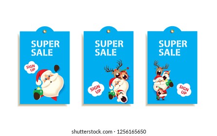 Set of three Christmas and New Year cartoon sale tag,Santa Claus,Snowman,Reindeer and Elf taking selfie,printable hand drawn holiday exclusive coupon