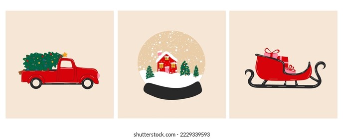 Conjunto de tres objetos de Navidad, globo de nieve, trineo y camioneta con árbol de navidad.Vector al estilo de las caricaturas. Todos los elementos están aislados