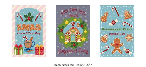 Set of three Christmas party invitations featuring holiday cookies, cocoa, candy cane, and gingerbreads. Design for greeting card, invitation, and poster.