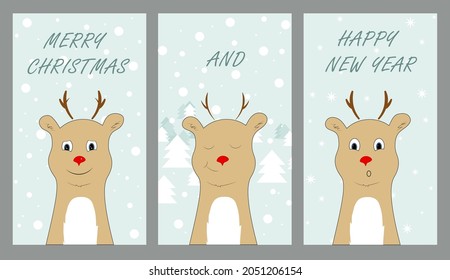 set three christmas pictures emotional deer hand drawn