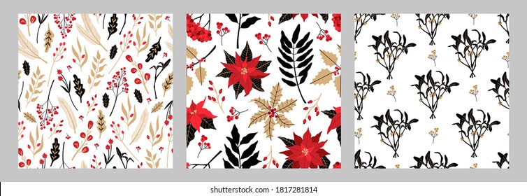 Set of three Christmas seamless pattern with symbol of holiday, festive plants in Scandinavian style, American traditional modern ornament for New Year and xmas invitation, on white background.