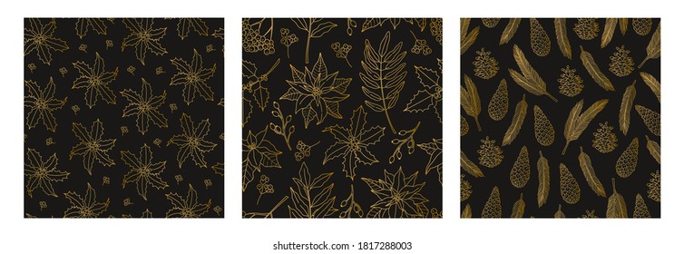 Set of three Christmas seamless patterns with gold plant line, symbol of the holiday. Festive American traditional plants in doodle style, ornate for New Year, trendy print on black background.