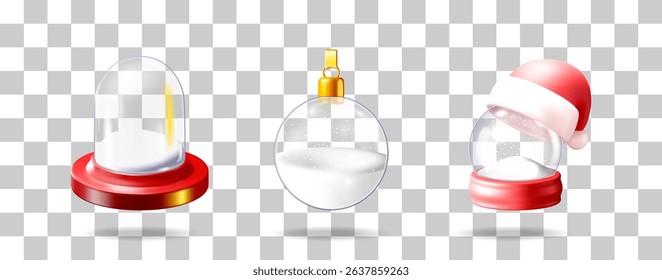 Set of three Christmas snow globe decorations with falling snow. Winter souvenir and festive ornament. Holiday celebration concept.