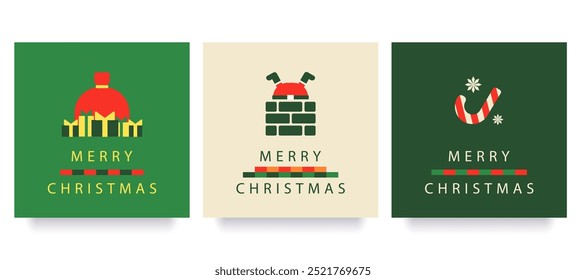 Conjunto de três cartões postais quadrados de Natal, modelo de mídia social, banner de feriado minimalista, cartaz, cartões de convite