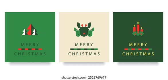 Set of three Christmas square postcards, social media template, minimalistic Holiday banner, poster, invitation cards