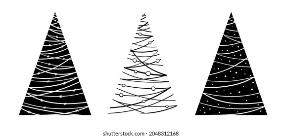 A set of three Christmas trees. Design for decor for New Year and Christmas. Vector illustration.