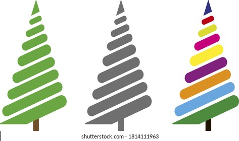 Set of three Christmas trees Green, gray and multicolored.